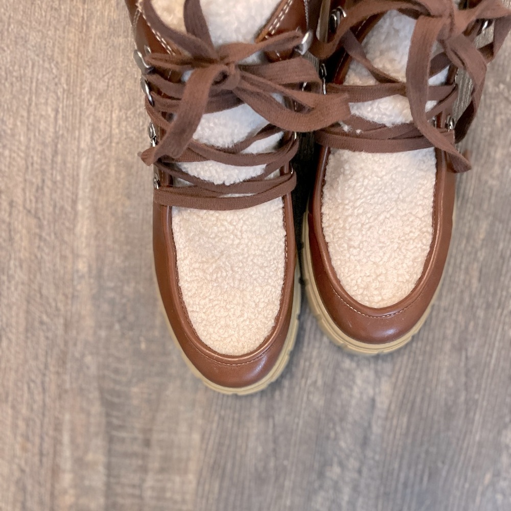 Universal Thread Brown and Cream Fleece-Trim Lace-Up Boots